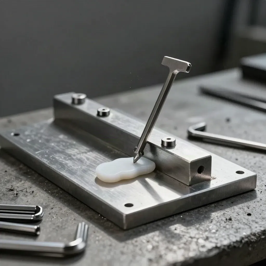 Machined steel fixture plate with hex keys, aluminium offcuts, and a clamped gauge block