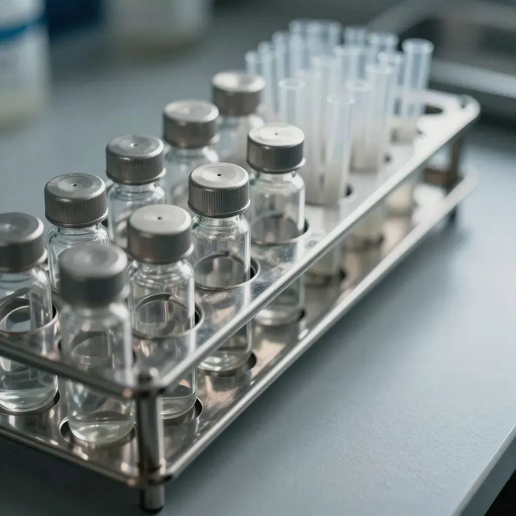 Top-down macro of lab vials, pipette tips, and a steel reagent tray on brushed metal.