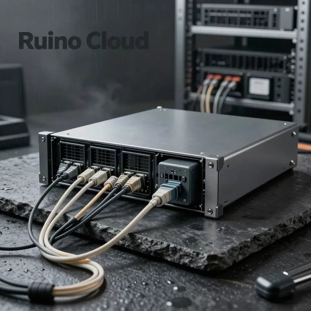 Rack server chassis, backup cartridges, fibre leads and UPS module on a dark stone slab in studio light.