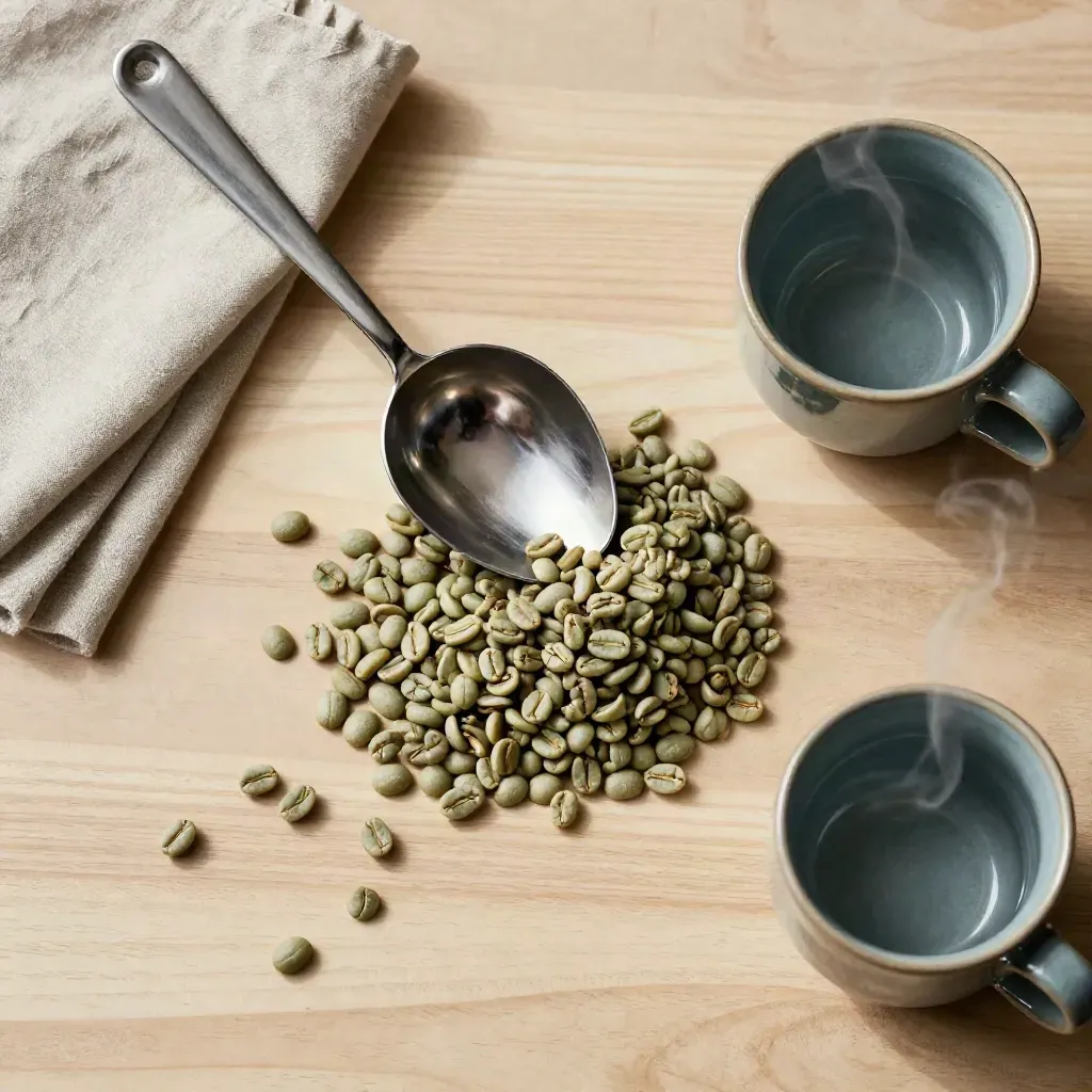 Green coffee beans, scoop, linen cloth, and steaming sample cup on pale wood.