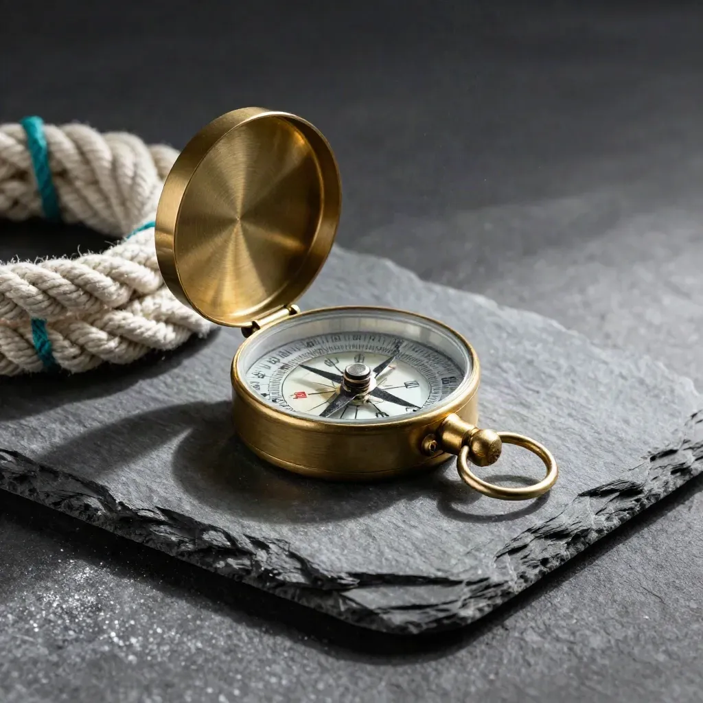 Brass marine compass, coiled deck line and steel shackle on slate with sea mist.
