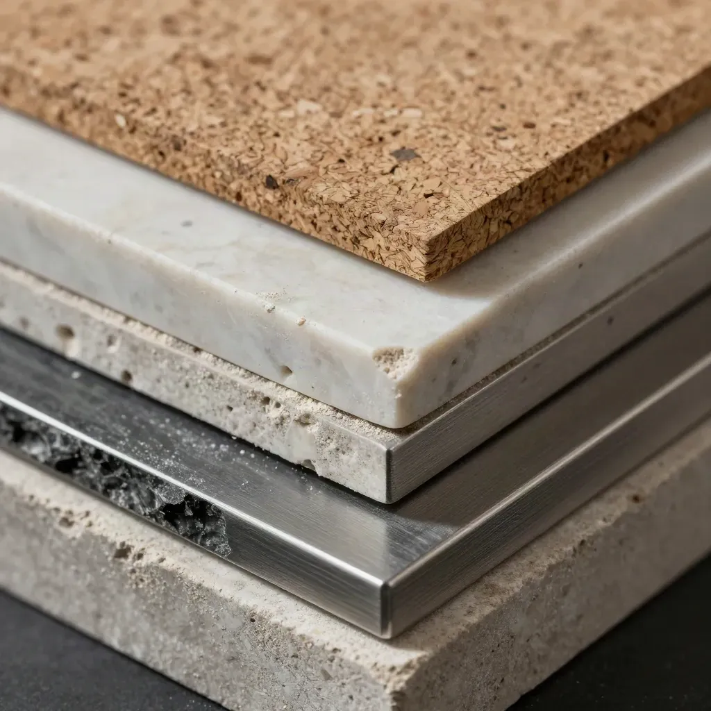 Stone samples, metal blocks, and a cork tile stacked on brushed metal in a dusty macro still life.