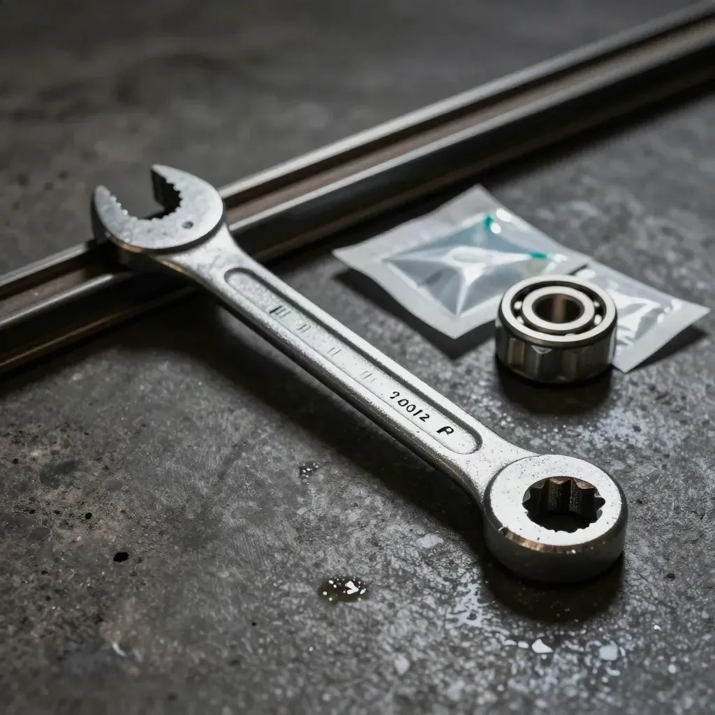 Torque wrench, socket rail, and sealed bearing packet on dark concrete with teal glint