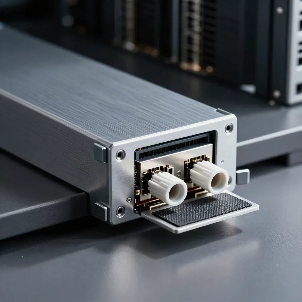 Macro of a server faceplate, SSD tray and fibre couplers on a graphite maintenance shelf.