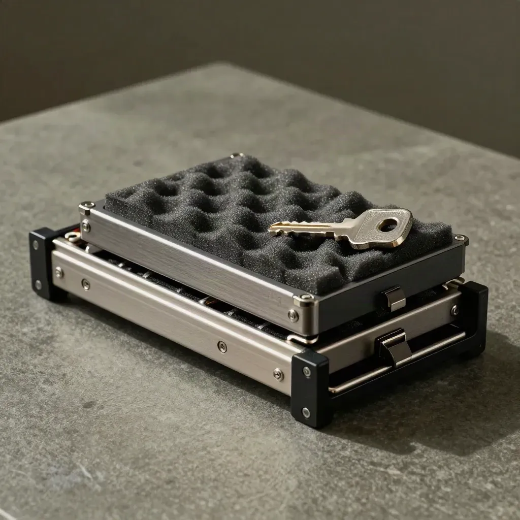 Drive caddies and transfer case packed for server migration on a dark stone surface.