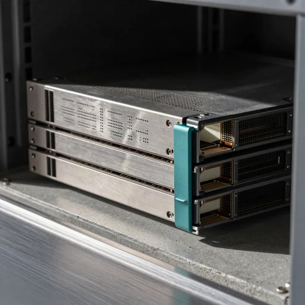 Stacked server compute blades and a spacer module inside a modular rack bay.