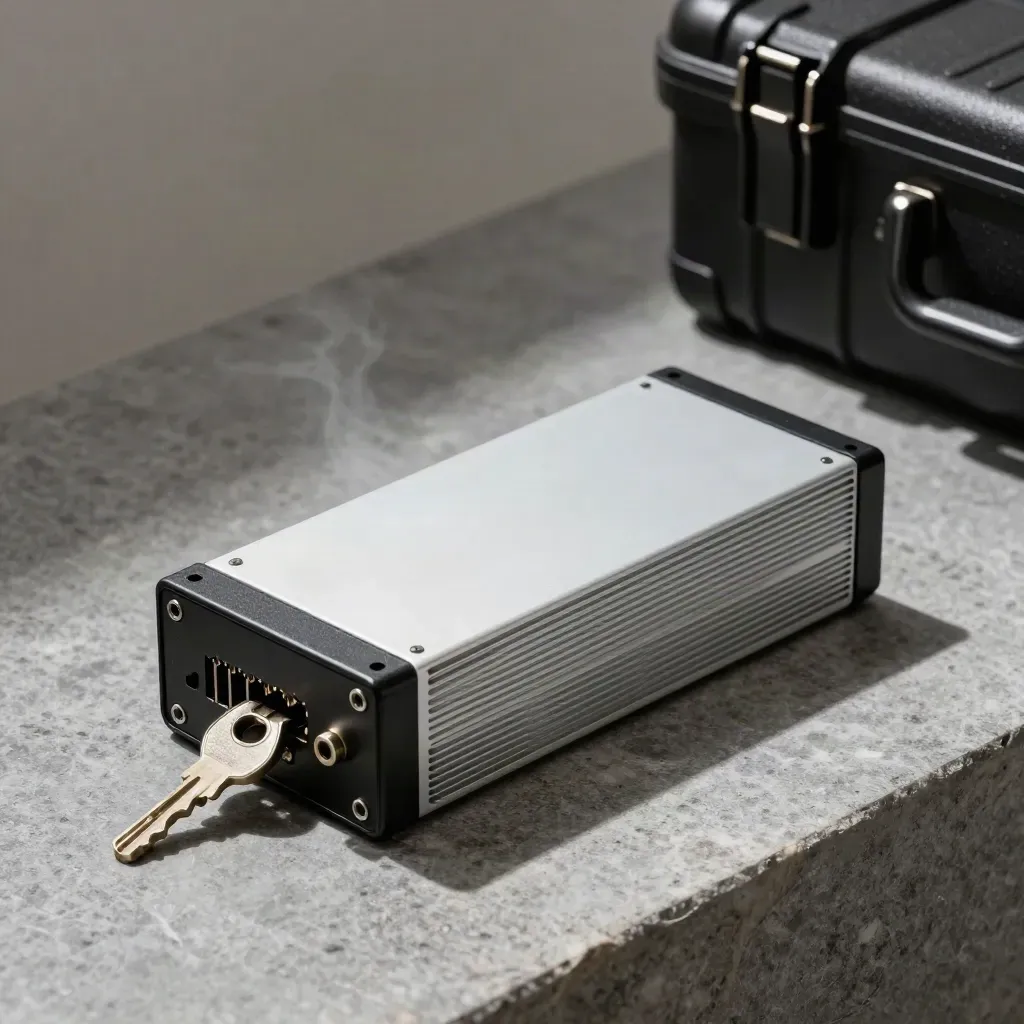 PSU module, failover relay and transport case on limestone in dramatic side light.