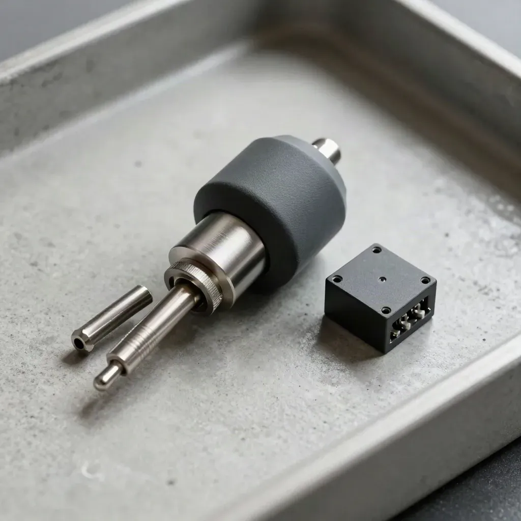 Graphite probe, splitter, and relay module on cool concrete under raking light