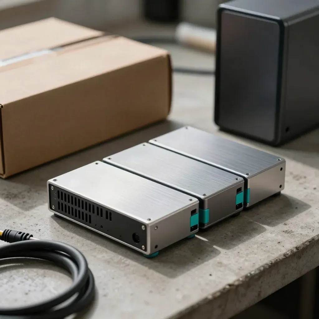 Mini-server, two SSDs and NAS enclosure amid packing foam, seen through a blurred patch cable.
