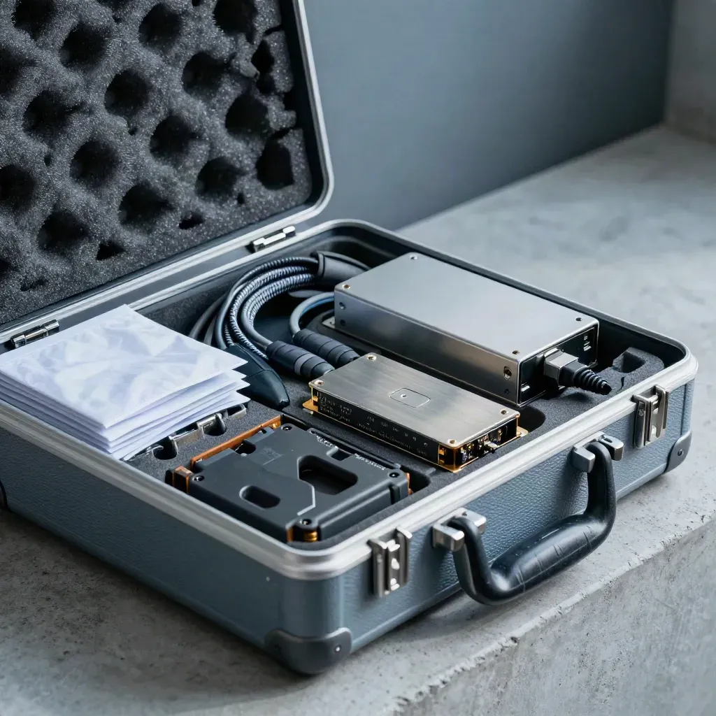 Open RAID case with SSDs, braided leads and compact hub on a concrete bench