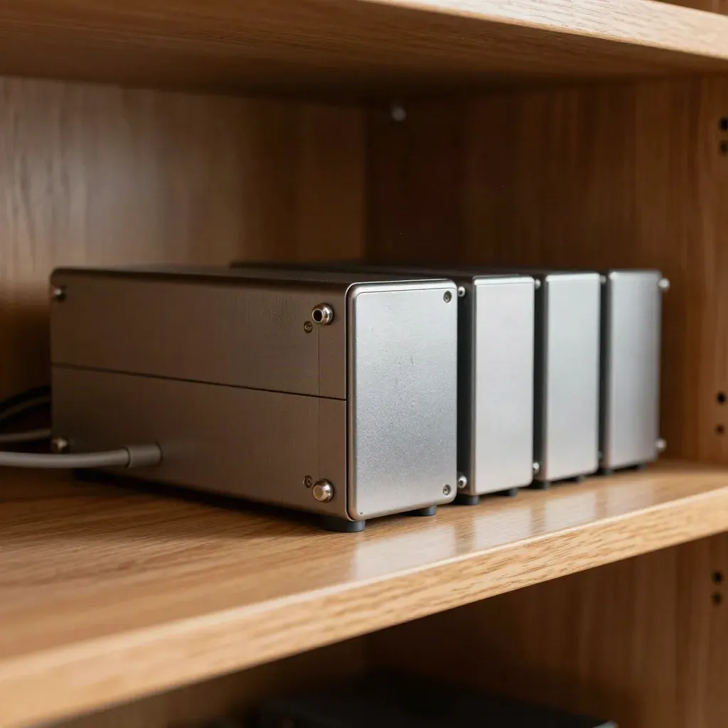 Macro of a server shelf, backup drives and power bricks settling into a honey-oak cupboard.