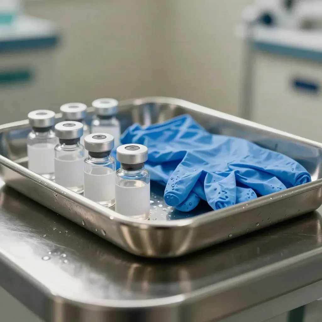 Macro of a stainless clinic tray with capped vials and folded blue gloves