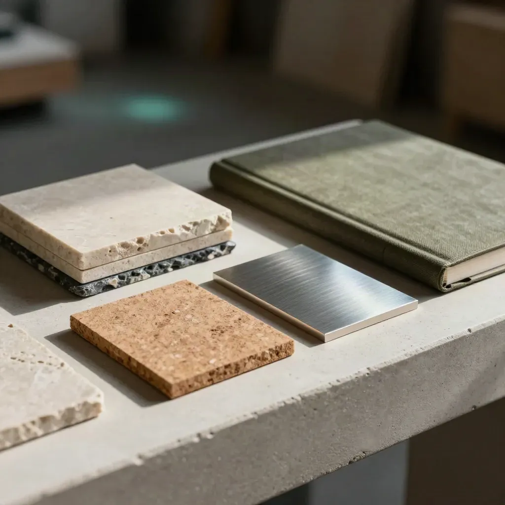 Stone chips, cork tile, aluminium swatches and a cloth notebook in a dramatic studio still life.