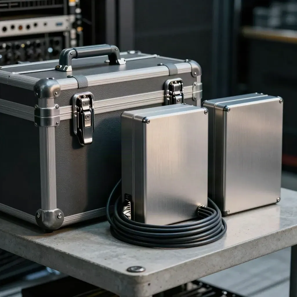 Drive case, backup enclosures, and coiled cables on concrete under raking light.