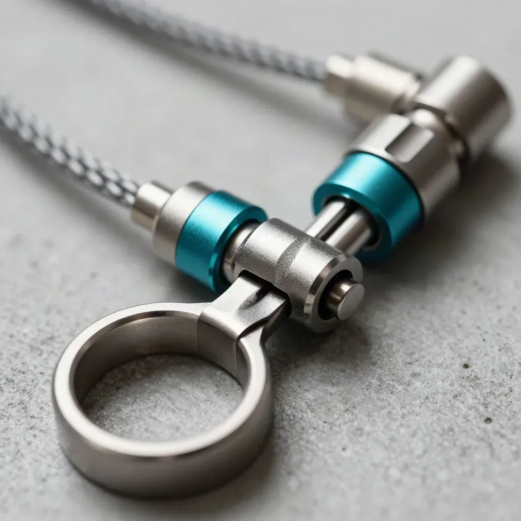 Macro of connected metal rings, cable loop and connector blocks on concrete with teal accent.