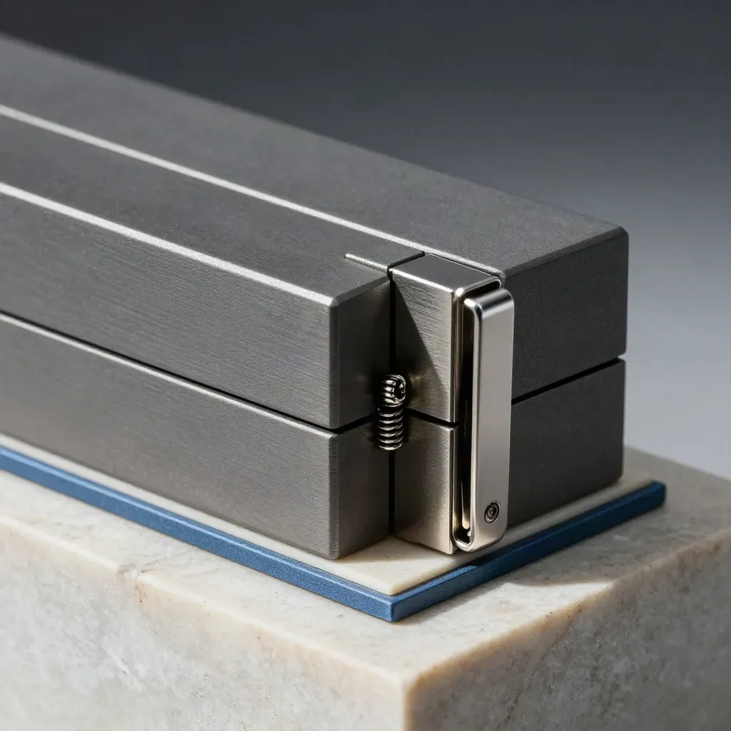 Matte graphite connector blocks and precision clips locking together on limestone