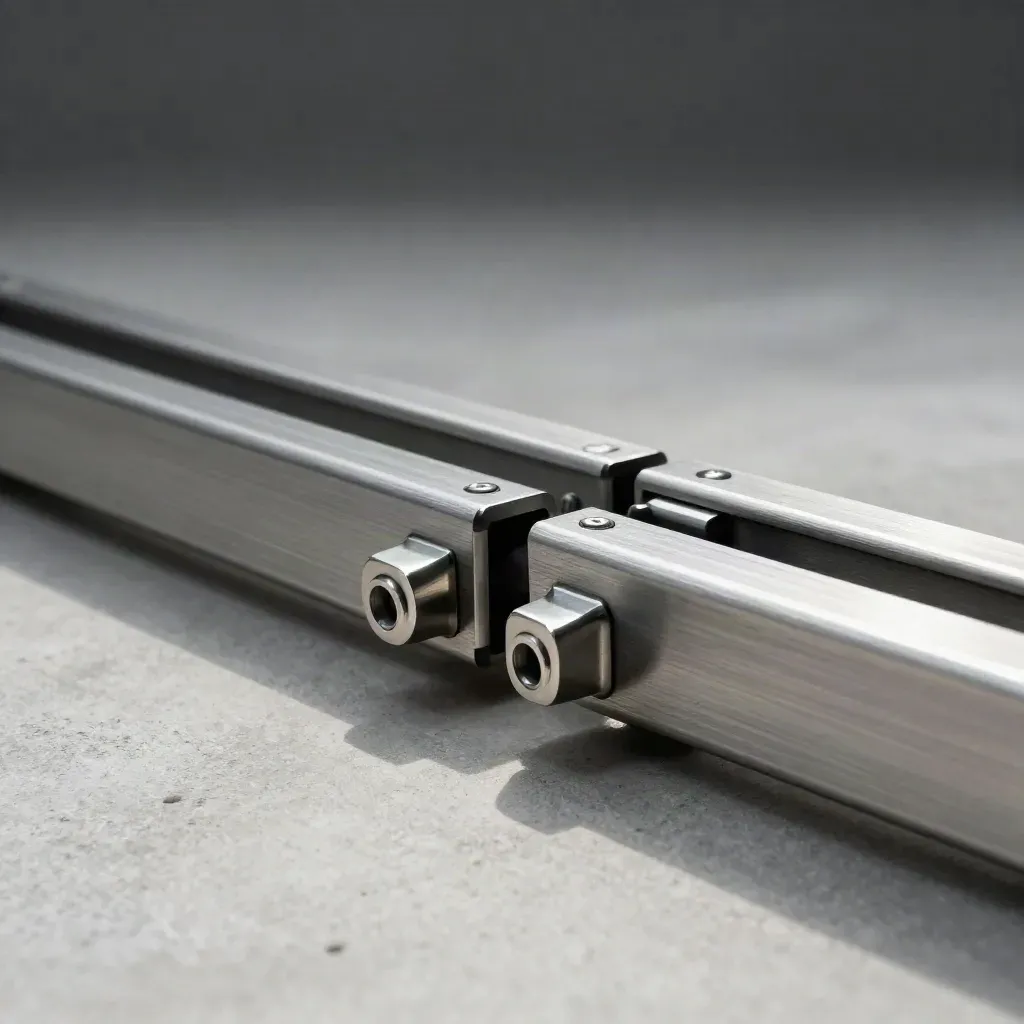 Close profile of modular aluminium rails bridged by two connectors on a concrete-grey surface.