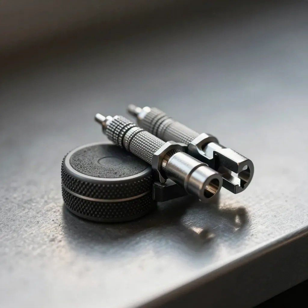 Sensor puck, cable couplers and clamp set on dark stone with soft light.